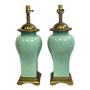 Pair of Mid Century Modern Asian Style Celadon Glaze Lamps