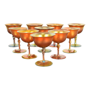 Early 20th Century Steuben Aurene Iridescent Art Glass Goblets - Set of Ten