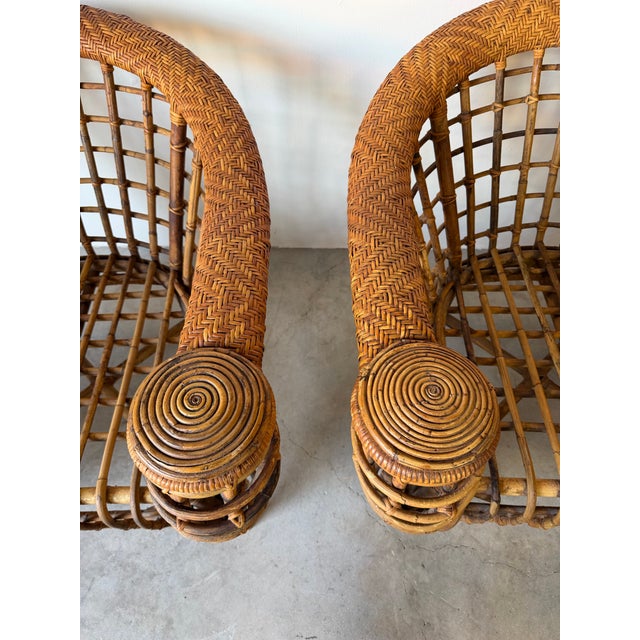 Brown Vintage Boho Coastal Organic Rattan Lounge Chairs – A Pair For Sale - Image 8 of 12