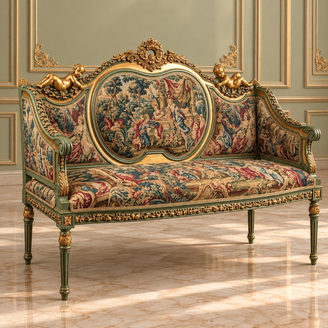 Create an elegant European-inspired focal point with this ornate French-style settee sofa, featuring richly patterned...