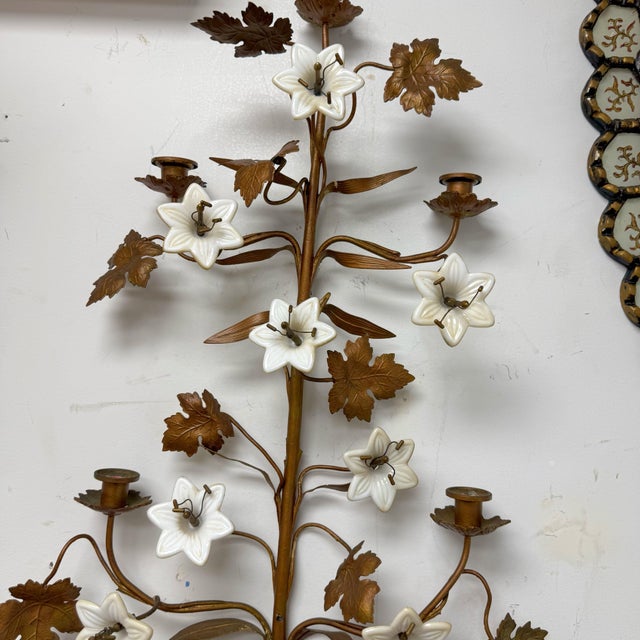 Brass Pair of Late 19th Century French Gilt Metal and Opaline Glass Five-Light Floral Candle Sconces For Sale - Image 8 of 12