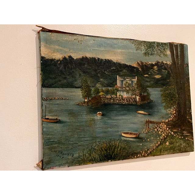 Charming and atmospheric original oil on canvas depicting a picturesque European mountain lake with an island villa, small...