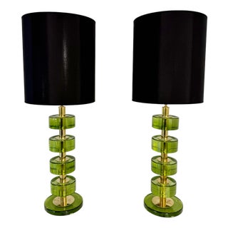 Italian Green Emerald Murano Glass Discs and Brass Lamps with Black Lampshades, 2000s, Set of 2 For Sale