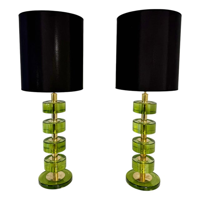 Italian Green Emerald Murano Glass Discs and Brass Lamps with Black Lampshades, 2000s, Set of 2 For Sale