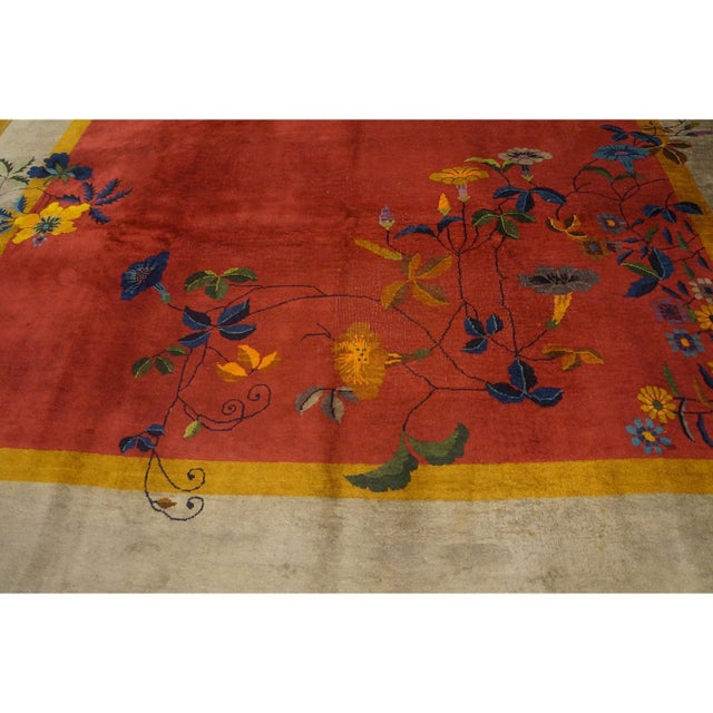 1920s Orange Floral Modern Antique Chinese Art Deco Handknotted Wool Rug For Sale - Image 4 of 10