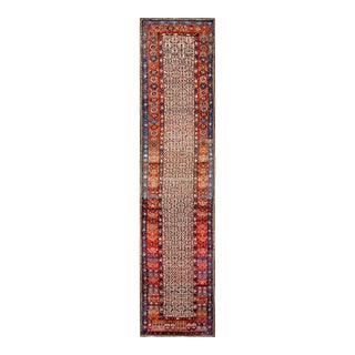 1900s Ivory Geometric Tribal Antique W. Persian Kurdish Runner Rug 3'6" X 14'6" Handknotted Wool Carpet For Sale