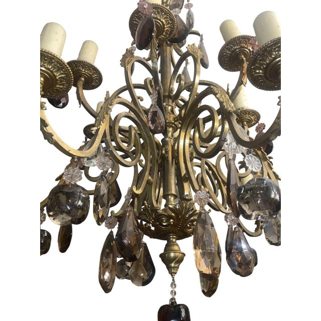French Early 20th Century Brass and Bronze Chandelier W Mixed Cut Crystal Colors For Sale In Los Angeles - Image 6 of 9