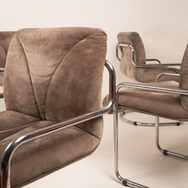 Italian Astro Chrome and Taupe Suede Armchairs by Guido Faleschini for I4 Mariani, 1979, Set of 6 For Sale - Image 14 of 18