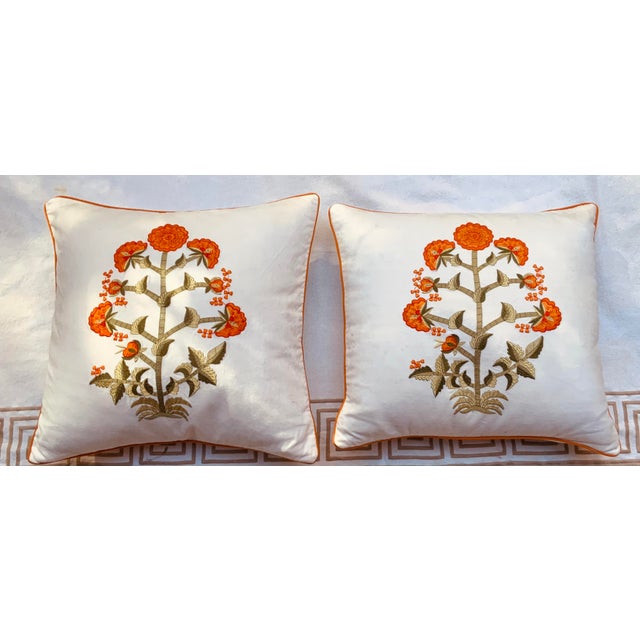 Contemporary Mughal Style White Cotton Embroidered Pillows - A Pair For Sale - Image 10 of 14