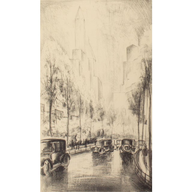 A 1929 lithograph, titled "Central Park," by the artist Adrian Hibbins. This piece features cars parked along a tree lined...