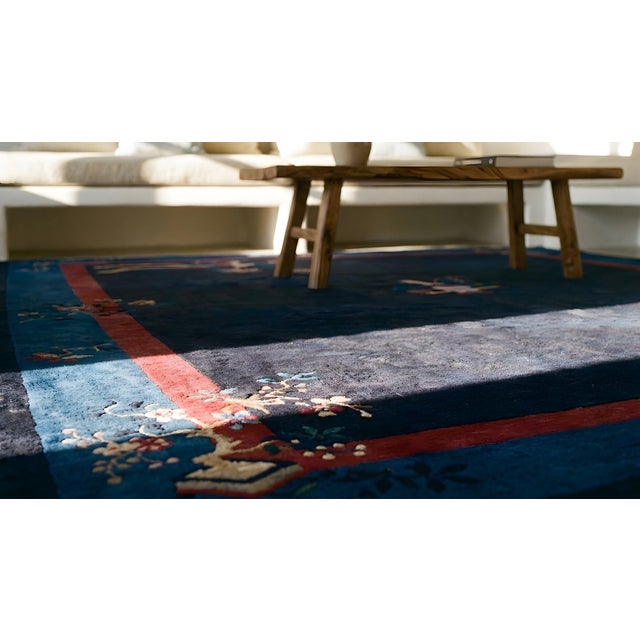 1930s Dark Blue Floral Antique Peking Rug 11' X 15' Handknotted Wool Carpet For Sale - Image 13 of 13