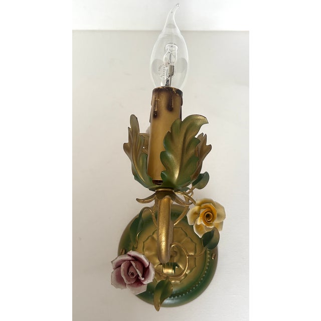 Vintage Italian Metal and Porcelain Rose Wall Lamps from Unbekannt, 1950s, Set of 2 For Sale - Image 6 of 9