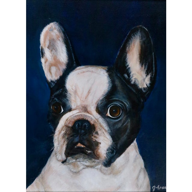 Very realistic painting of a Boston Terrier. I love the blue background; it really pops with the metallic silver frame....