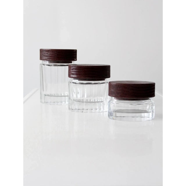 Vintage Glass Jars With Leather Lids Set of 3 For Sale - Image 4 of 13