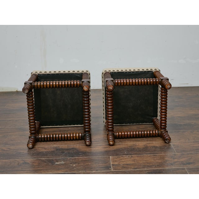Pair of English 19th Century Hardwood Bobbin Stools with Linen Upholstery For Sale - Image 10 of 11