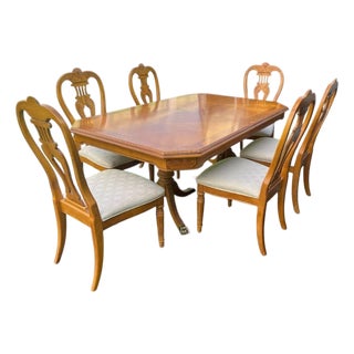Vintage Wood Dining Table and Six Dining Chairs For Sale