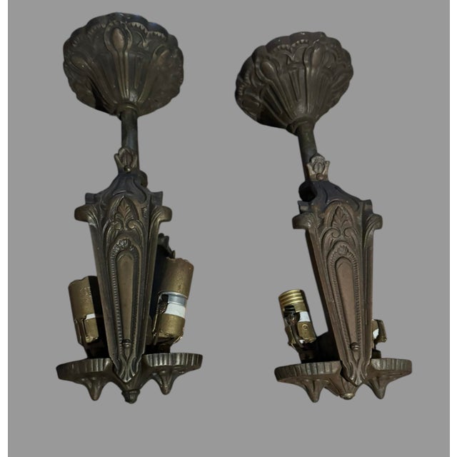 Pair Antique Art Deco 2 Light Ceiling Fixtures Amber Glass Slip Shades 1930s For Sale - Image 11 of 12