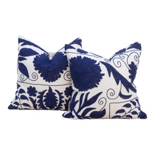 Pair of Indigo Blue Hand Embroidered Suzani Pillows For Sale
