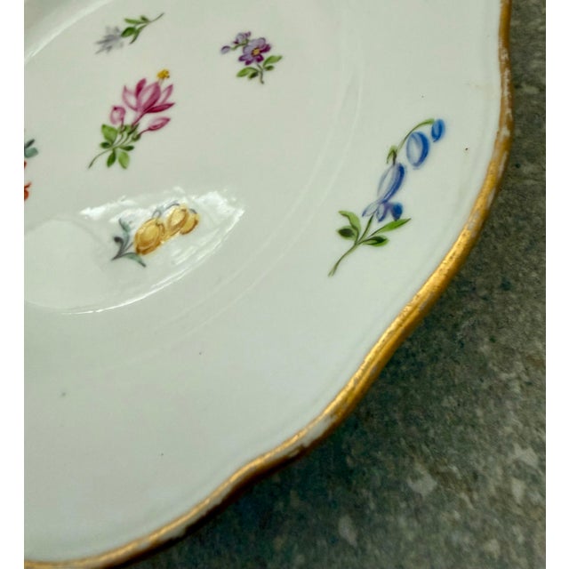 Antique German Meissen Small Plate in ‘Streublumen’ Pattern Meaning Scattered Flowers, Hand-Painted Floral Motifs, Gilded Edge, Maker’s Mark on Bottom For Sale In San Antonio - Image 6 of 11