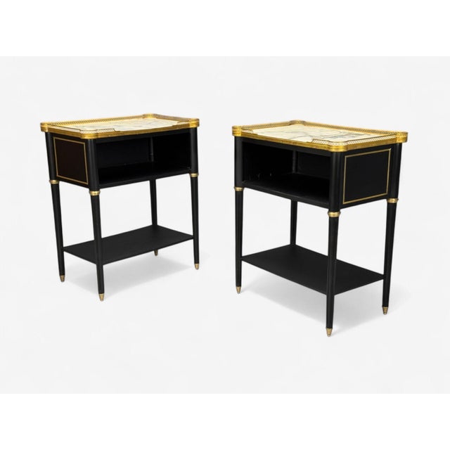 Maison Jansen Style, Louis XVI Style, Hollywood Regency, Brass, Marble, Ebonized Open Nightstands, 20th c. Pair of ebony...