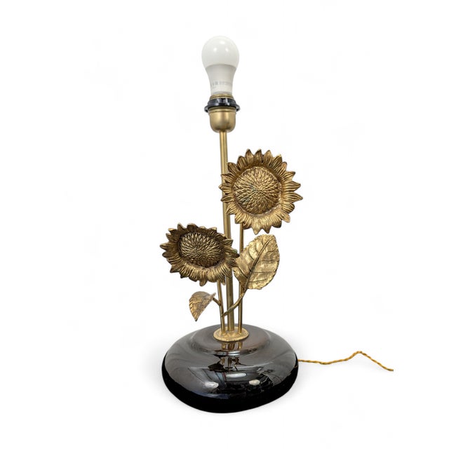 Black Sunflower-Themed Brass Table Lamp with Porcelain Base For Sale - Image 8 of 8