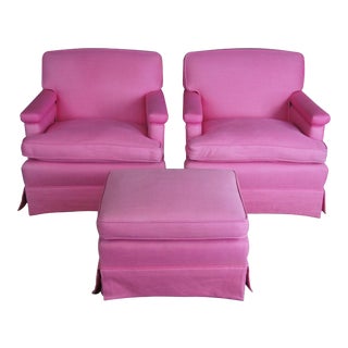 1970s Mid Century Pink Chairs & Ottoman - 3 Pieces For Sale