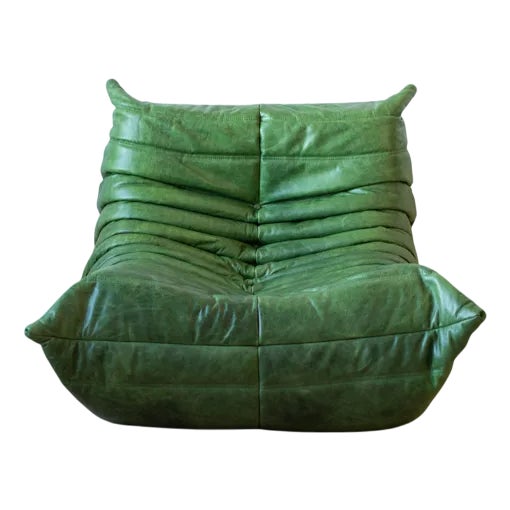 Dubai Green Leather Togo Lounge Chair by Michel Ducaroy for Ligne Roset For Sale