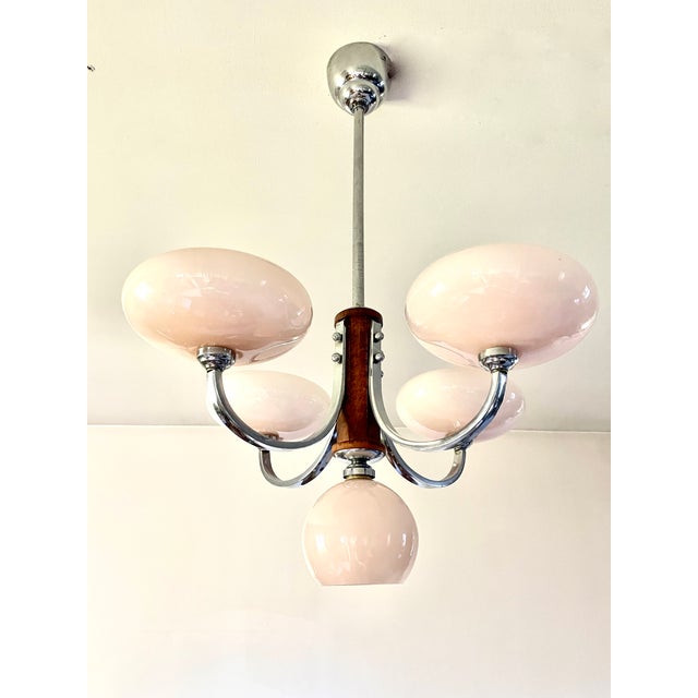 Art Deco Chandelier in Pink Glass, Wood and Chrome, 1930 For Sale - Image 13 of 13