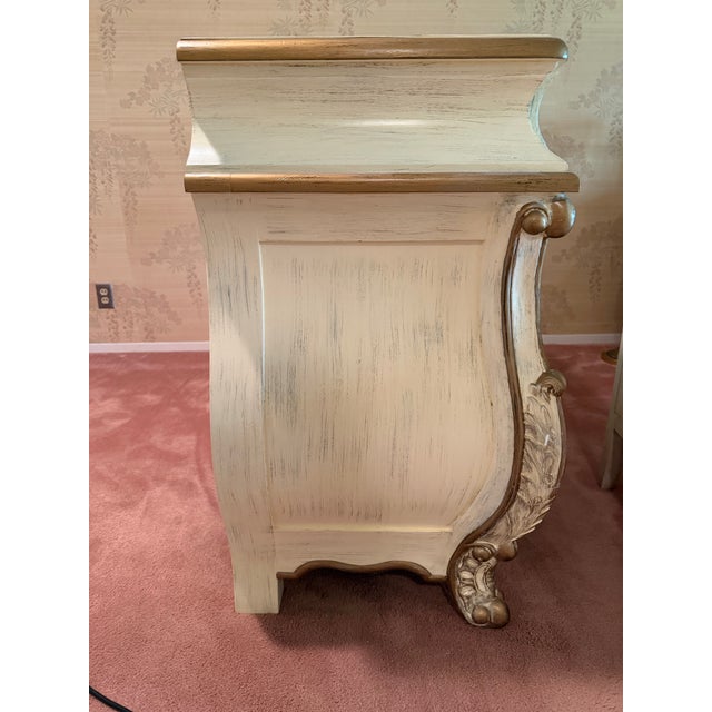 Shabby Chic Vintage French Provincial Bombe Dresser in Antiqued Ivory Finish For Sale - Image 3 of 11