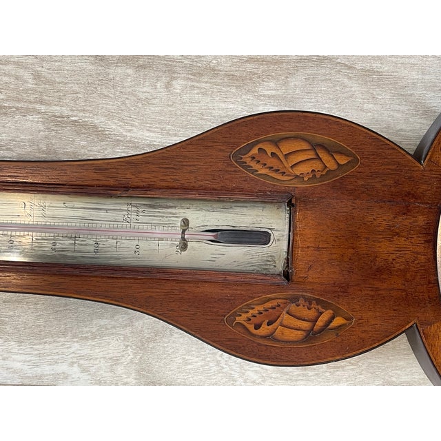 Late 18th Century Antique Victorian Mahogany Banjo Barometer, 19th Century English Wheel Barometer With Shell Inlay, Large 38 Inch Weather Station For Sale - Image 5 of 12