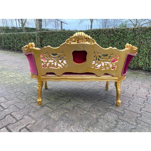 Wood Late 20c French Louis XVI Red Velvet Gilt Beech Settee For Sale - Image 7 of 13