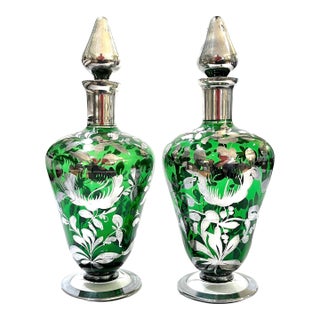 Decanter Pair - Bohemian Green Glass With Sterling Silver Overlay - Early 20th Century For Sale