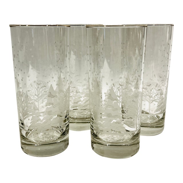 Vintage Set of 4 Libbey Winter Pines White Trees Tumblers High Ball Glasses For Sale