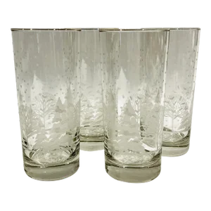 Vintage Set of 4 Libbey Winter Pines White Trees Tumblers High Ball Glasses