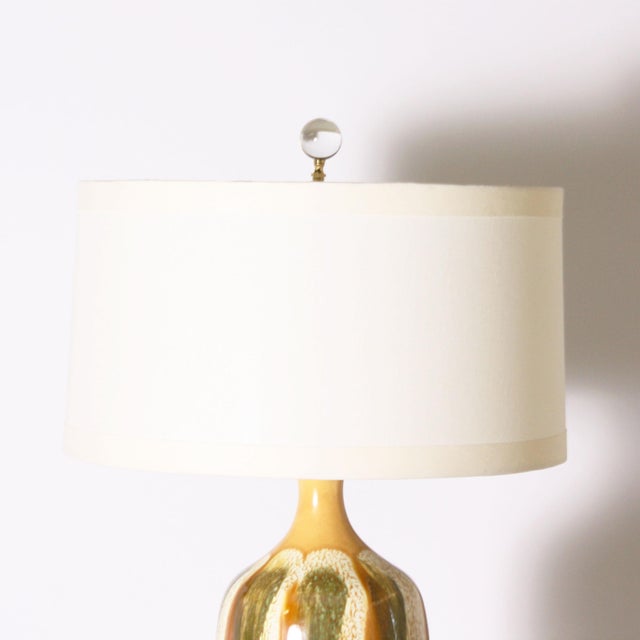 Pair of Yellow and Green Ceramic Drip Glaze Lamps, C. 1970 For Sale - Image 4 of 8