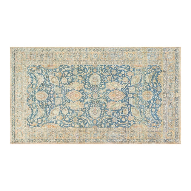 Early 20th Century Persian Kirman Indigo, Camel, Beige Handwoven Wool Rug For Sale