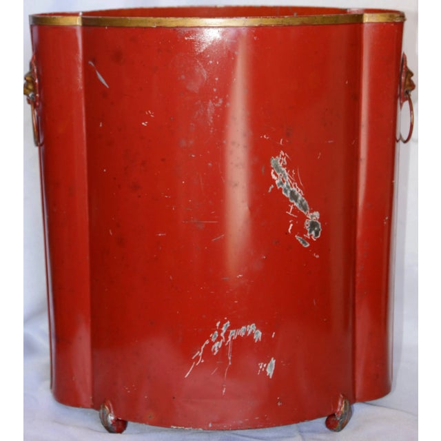 Midcentury Red Footed Tole Tin Waste Basket With Decoupage Print For Sale - Image 12 of 13