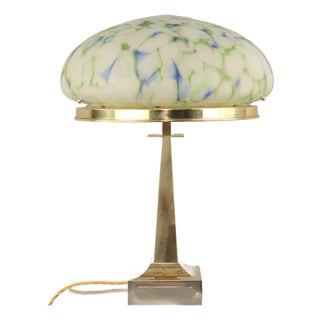 Art Deco Brass Table Lamp with Mottled Glass Shade by Geb Kunstglas, Berlin, 1925 For Sale