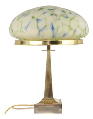 Art Deco Brass Table Lamp with Mottled Glass Shade by Geb Kunstglas, Berlin, 1925