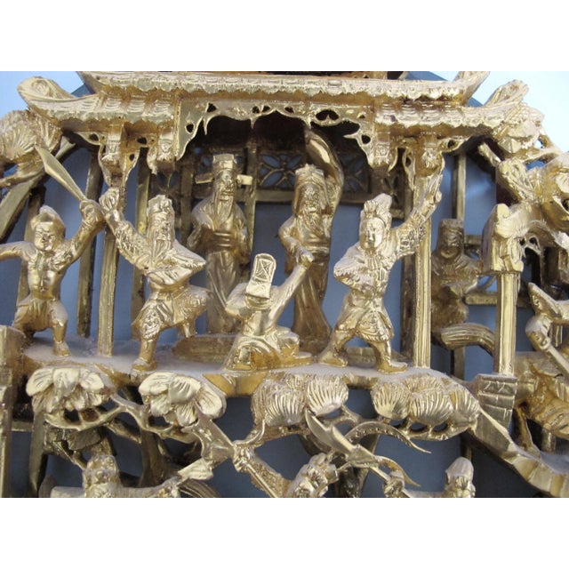Paint Chinese Ornate Carved Battle Scene Gilt Lacquer Wood Medallion Wall Panel For Sale - Image 7 of 8