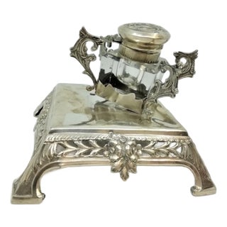 Openwork Silver Inkwell with Pen Holder For Sale