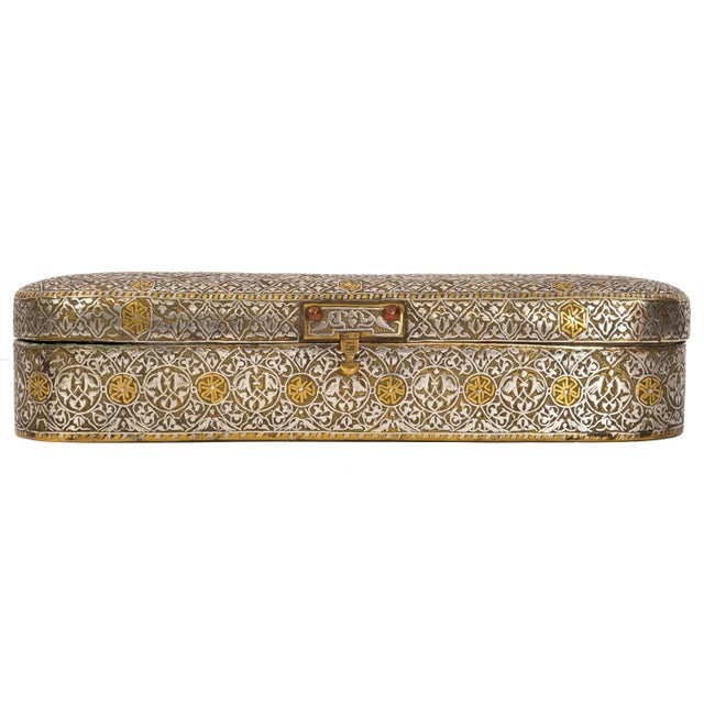 15th Century & Earlier Antique Islamic 15th Century Mamluk Qalamdan Gold Silver Inlaid Brass Pen Box For Sale - Image 5 of 12