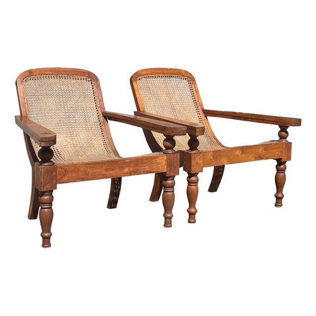 Large Vintage Teak and Cane Colonial Planters Chairs, 1920, Set of 2 For Sale