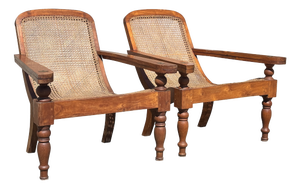 Large Vintage Teak and Cane Colonial Planters Chairs, 1920, Set of 2