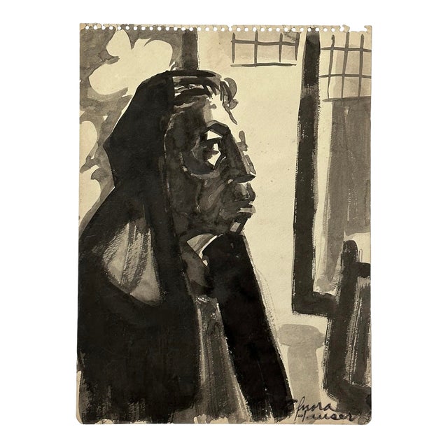 Elnora Hauser - Vintage Watercolor Expressionist Portrait of Woman, Signed (C. 1945, Watercolor on Toned Paper) For Sale