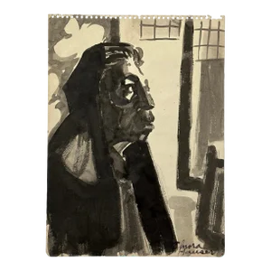 Elnora Hauser - Vintage Watercolor Expressionist Portrait of Woman, Signed (C. 1945, Watercolor on Toned Paper)
