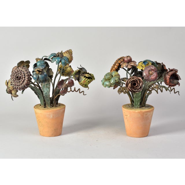1920s Pair Early 20th C French Metal Tole Flowers in Terracotta Pots For Sale - Image 5 of 12