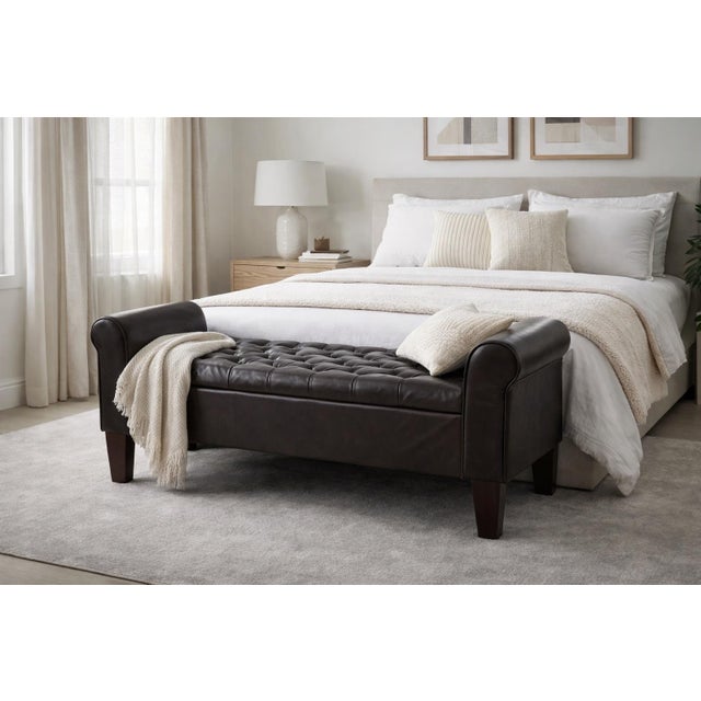 Animal Skin Tufted Storage Bench With Rolled Arms in Dark Espresso Faux Leather For Sale - Image 7 of 7