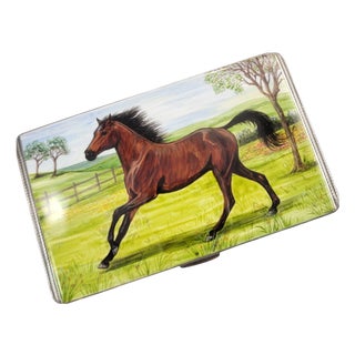 British Sterling Silver Cigarette Case with Original Enamel Horse, 1890s For Sale