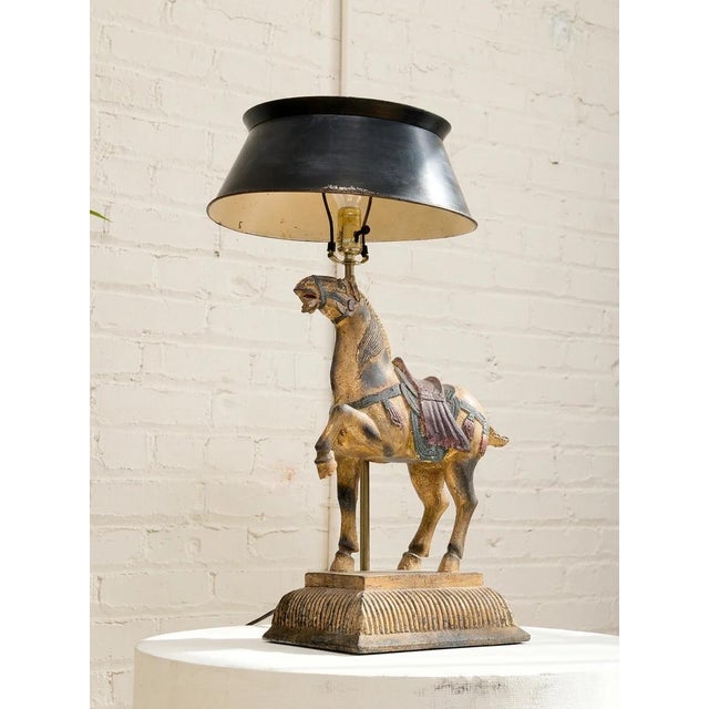 Wood Vintage Equestrian Horse Table Lamp With Black Shade For Sale - Image 7 of 9